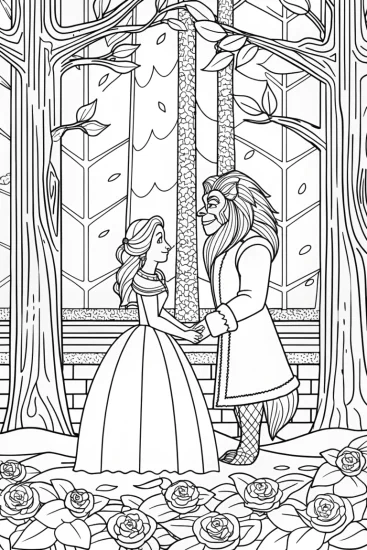 A coloring page of Belle and the Beast in the woods