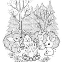 Woodland animals at a campfire