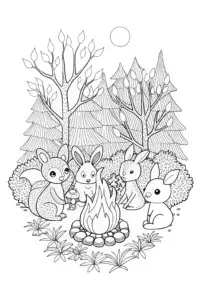 Woodland animals at a campfire