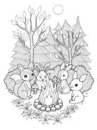 Woodland animals at a campfire