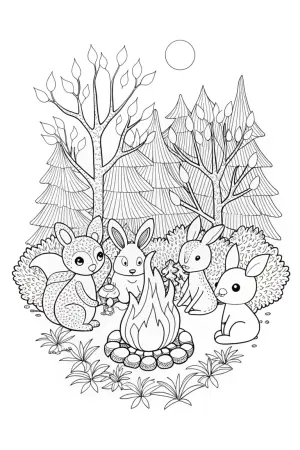 Woodland animals at a campfire coloring pages