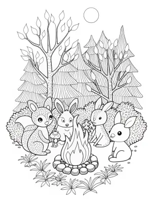 Woodland animals at a campfire coloring pages