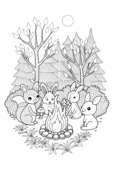 A coloring page of Woodland animals at a campfire