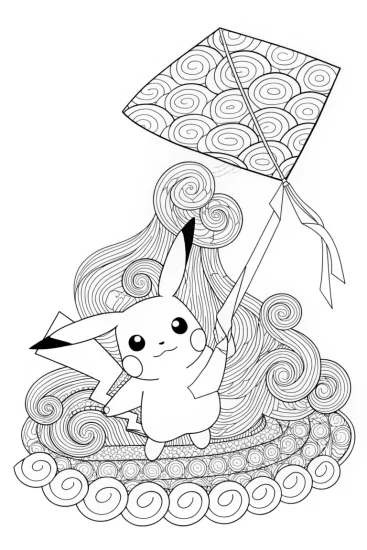 A coloring page of Pikachu flying a lightning bolt kite