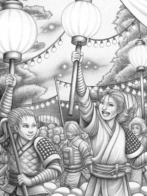 Young Demon Slayers festival scene coloring pages