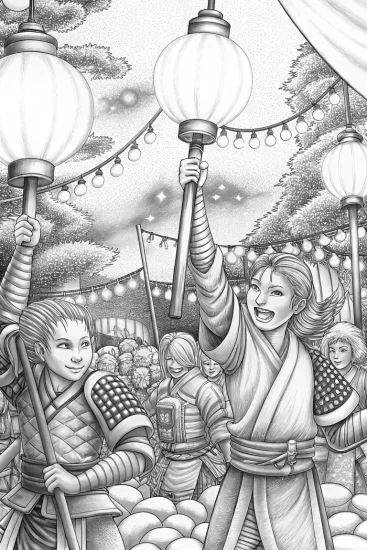 A coloring page of Young Demon Slayers festival scene