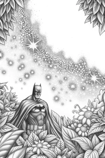 A coloring page of Batman in a cosmic garden