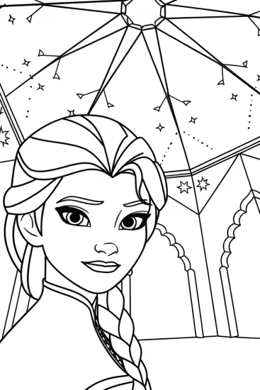 A coloring page of Elsa in the ice observatory