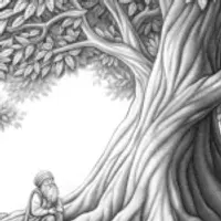 Gnome seeking wisdom from tree