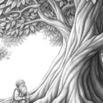 Gnome seeking wisdom from tree