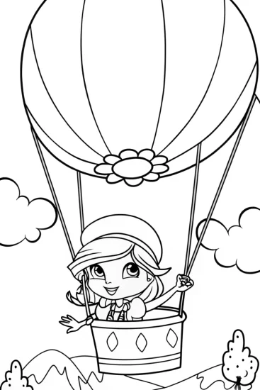 A coloring page of Strawberry Shortcake balloon adventure