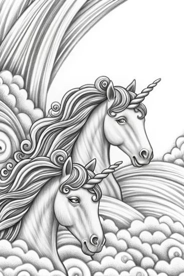 A coloring page of Unicorns cultivating dream clouds