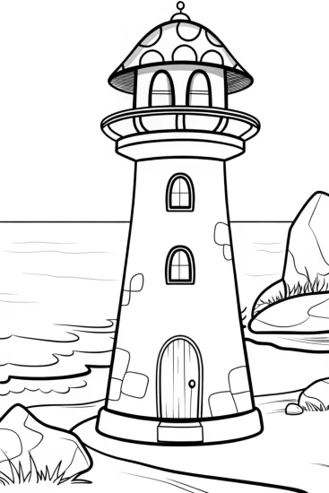 A coloring page of Mushroom lighthouse by the sea