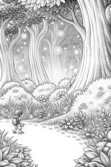 A coloring page of Bowser exploring an alien forest