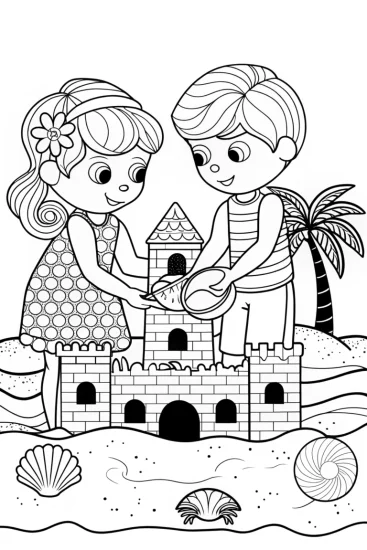 A coloring page of Kids building a sandcastle