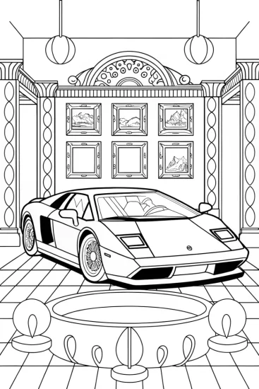 A coloring page of Lamborghini in a floating art gallery