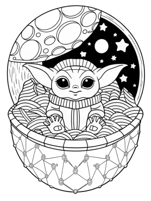 Baby Yoda building on an asteroid coloring pages