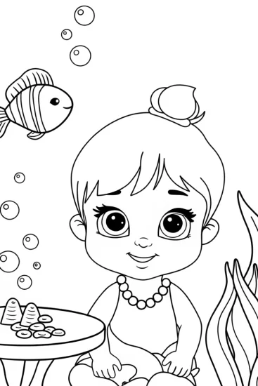 A coloring page of Baby’s underwater tea party