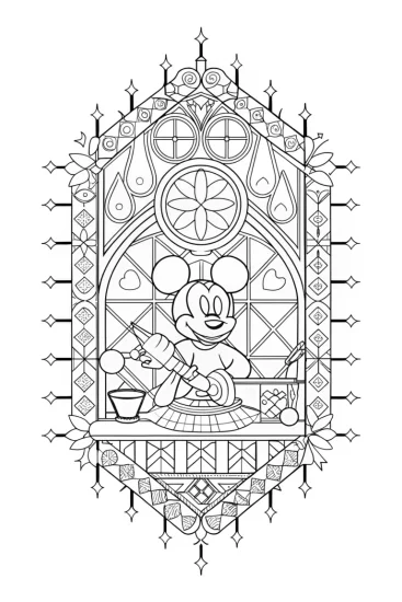 A coloring page of Mickey Mouse potion quest