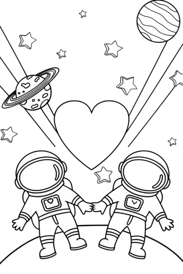 A coloring page of Heart-shaped astronauts in space
