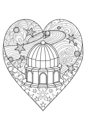 A coloring page of Heart-shaped observatory scene