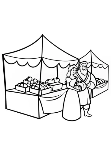 A coloring page of Belle and the Beast at the market