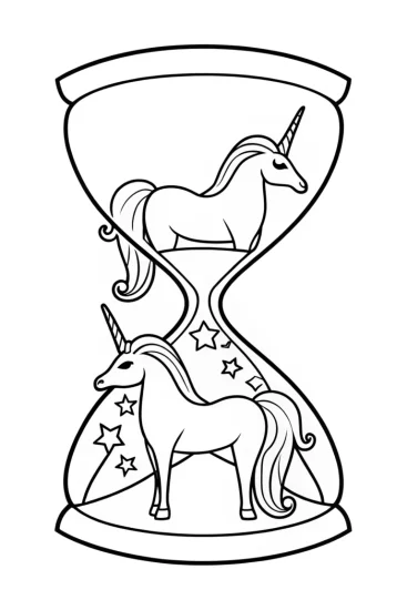 A coloring page of Unicorns exploring a giant hourglass