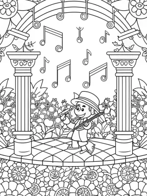 Mario playing in a musical garden coloring pages