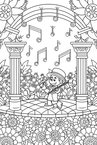 A coloring page of Mario playing in a musical garden