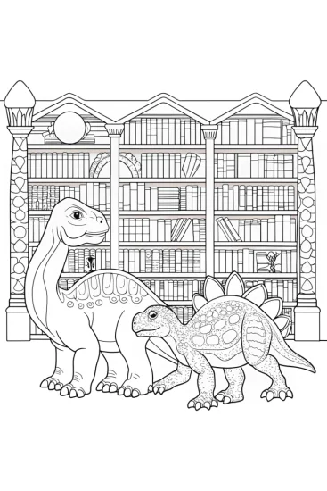 A coloring page of Dinosaurs at the ancient library