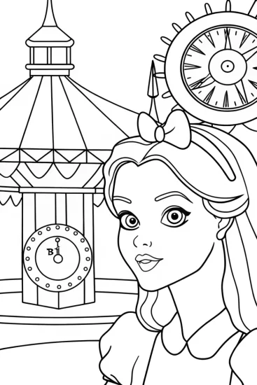 A coloring page of Alice at the Timekeeper’s Carousel