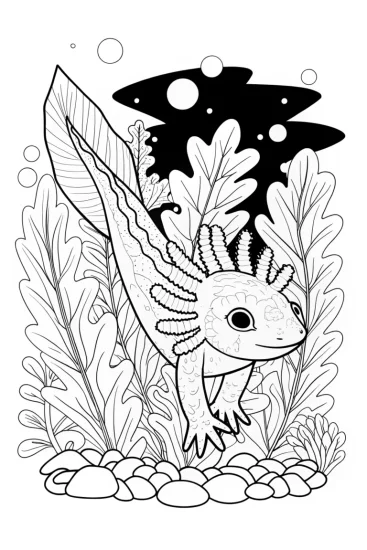 A coloring page of Axolotl’s underwater puzzle quest