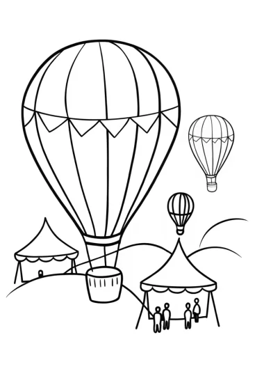 A coloring page of Thanksgiving in a hot air balloon bazaar