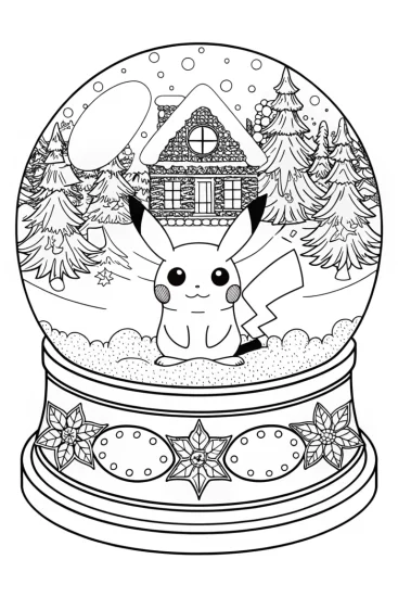 A coloring page of Pikachu’s snow globe adventure