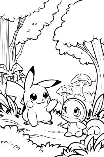 A coloring page of Pokémon exploring a magical forest