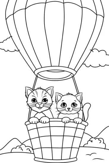 A coloring page of Kittens in a hot air balloon