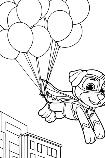 A coloring page of Superhero dog saves balloons