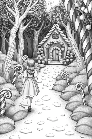A coloring page of Gabby in a candy forest