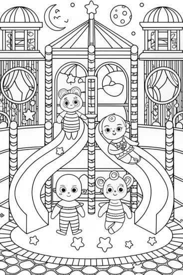 A coloring page of Babies playing in a lunar playground