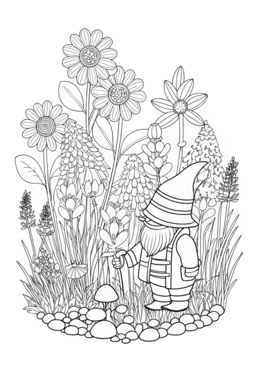 A coloring page of Gnome tending to his flower garden