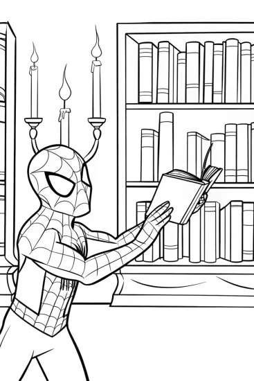 A coloring page of Spider-Man at the enchanted library