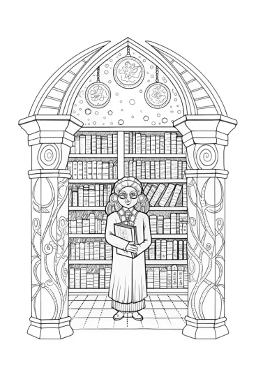 A coloring page of Monster librarian in a magical library