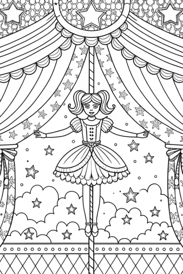 A coloring page of Barbie the ringmaster in the sky