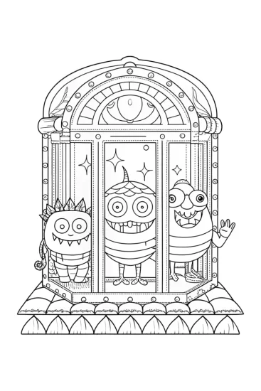 A coloring page of Monsters exploring a time capsule