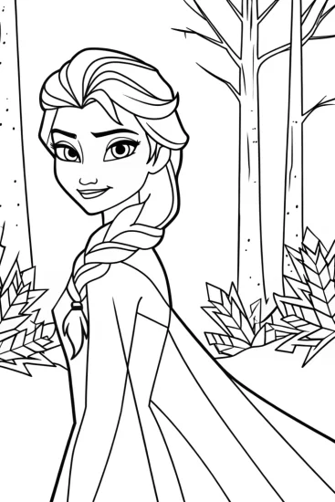 A coloring page of Elsa in the crystal forest