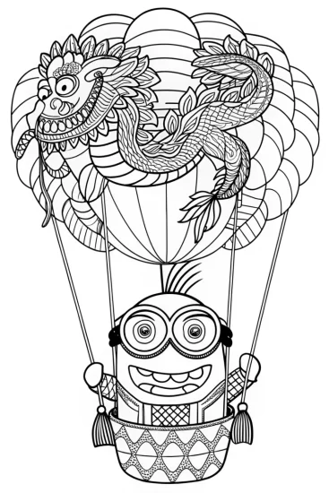 A coloring page of Minion floating with dragon balloon
