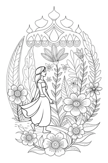 A coloring page of Jasmine exploring a magical garden