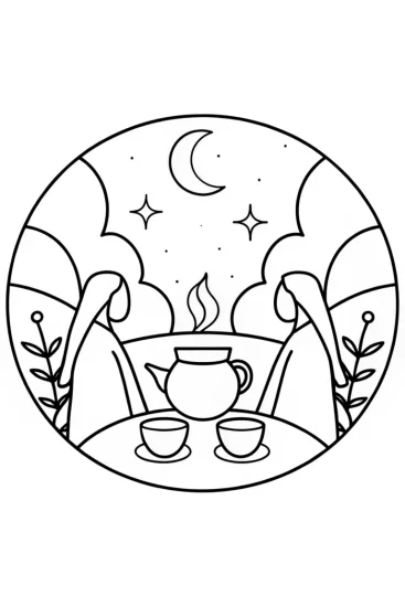 A coloring page of Jasmine’s celestial tea ceremony