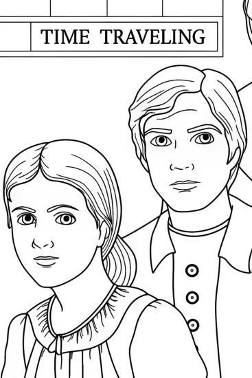 A coloring page of Alphabet letters time traveling