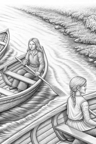 A coloring page of Neria guiding tiny boats